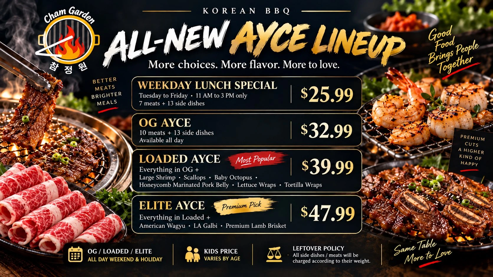 All-New AYCE Lineup: Weekday Lunch Special $25.99 (7 meats + 13 sides, Tue-Fri 11am-3pm), OG AYCE $32.99 (10 meats + 13 sides), Loaded AYCE $39.99 (adds shrimp, scallops, baby octopus, honeycomb pork belly), Elite AYCE $47.99 (adds American Wagyu, LA Galbi, premium lamb brisket)