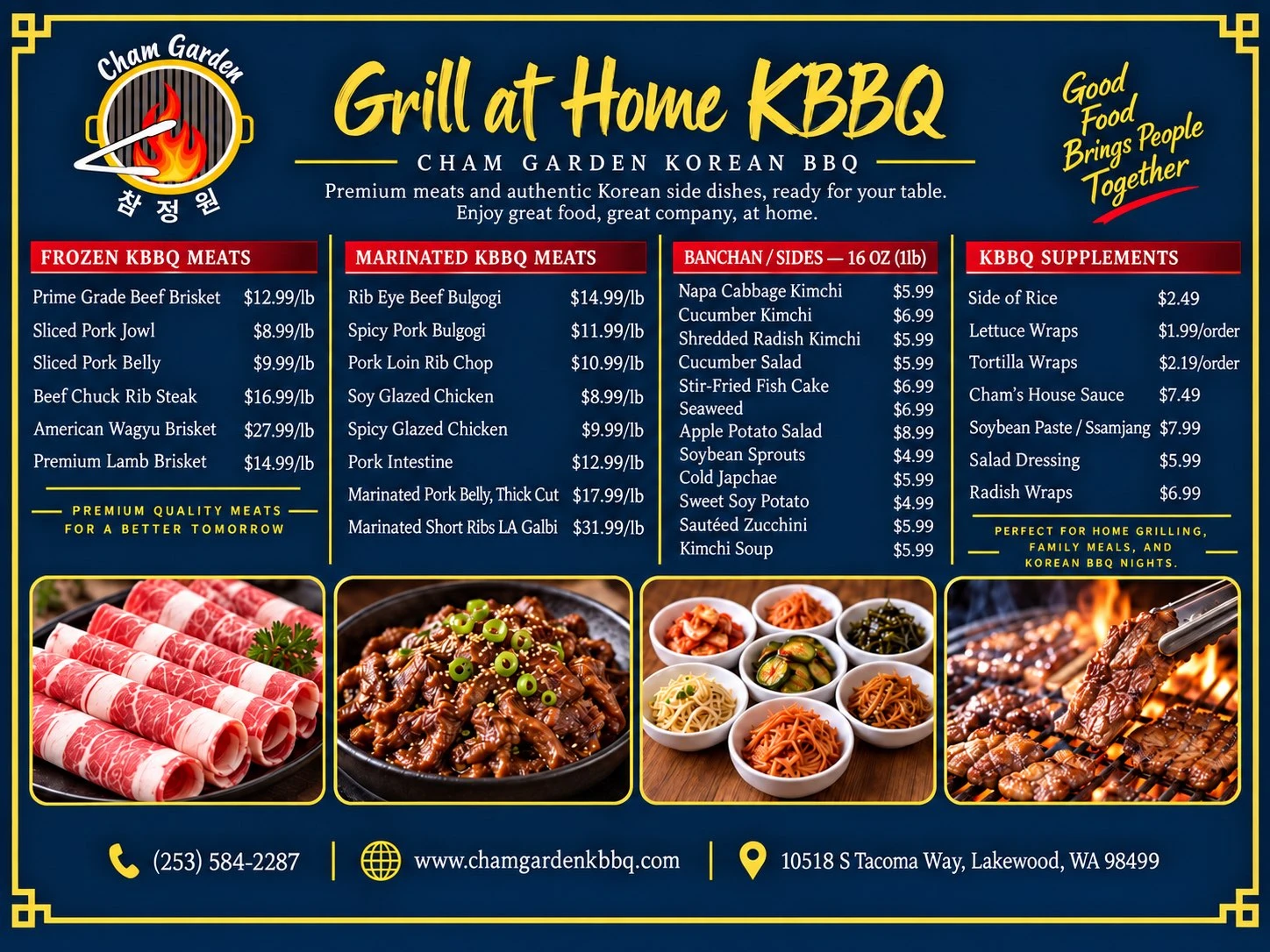Grill at Home KBBQ menu: Frozen KBBQ Meats (Prime Grade Beef Brisket $12.99/lb, Sliced Pork Jowl $8.99/lb, Sliced Pork Belly $9.99/lb, Beef Chuck Rib Steak $16.99/lb, American Wagyu Brisket $27.99/lb, Premium Lamb Brisket $14.99/lb), Marinated KBBQ Meats (Rib Eye Beef Bulgogi $14.99/lb, Spicy Pork Bulgogi $11.99/lb, Pork Loin Rib Chop $10.99/lb, Soy Glazed Chicken $8.99/lb, Spicy Glazed Chicken $9.99/lb, Pork Intestine $12.99/lb, Marinated Pork Belly Thick Cut $17.99/lb, Marinated Short Ribs LA Galbi $31.99/lb), Banchan/Sides 16oz, and KBBQ Supplements